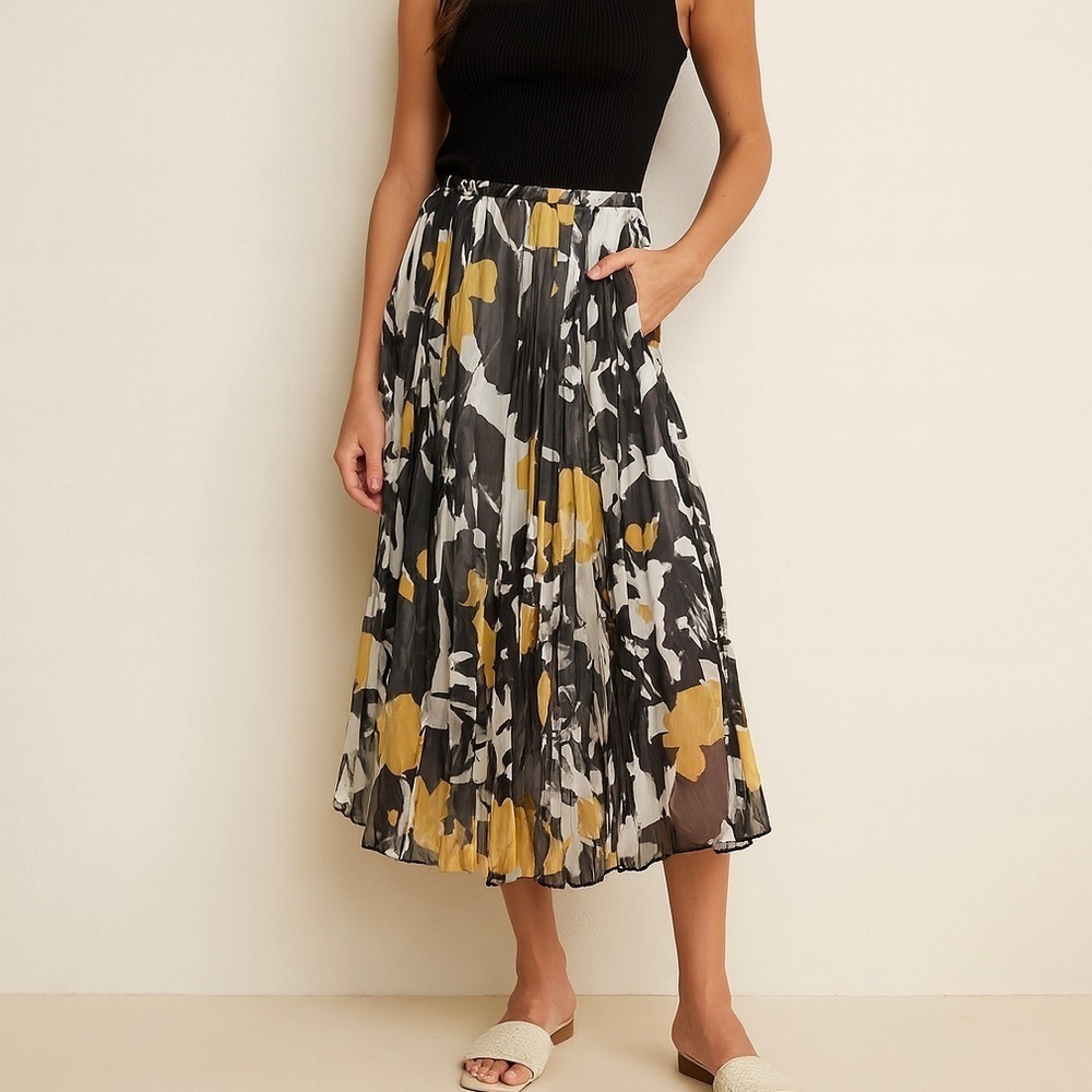 Peter Nygard Floral silk Skirt A-Line Midi Skirt Black White Yellow Size 6P